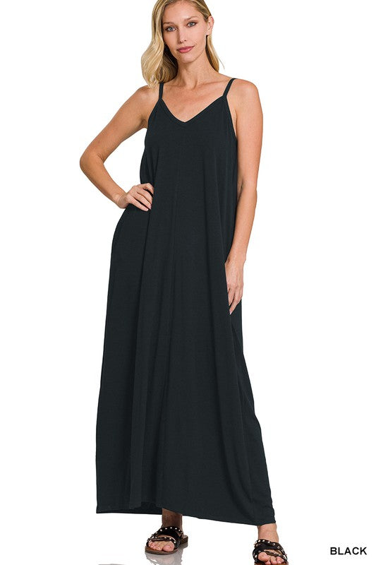 Black V-neck Cami Maxi Dress with Pockets