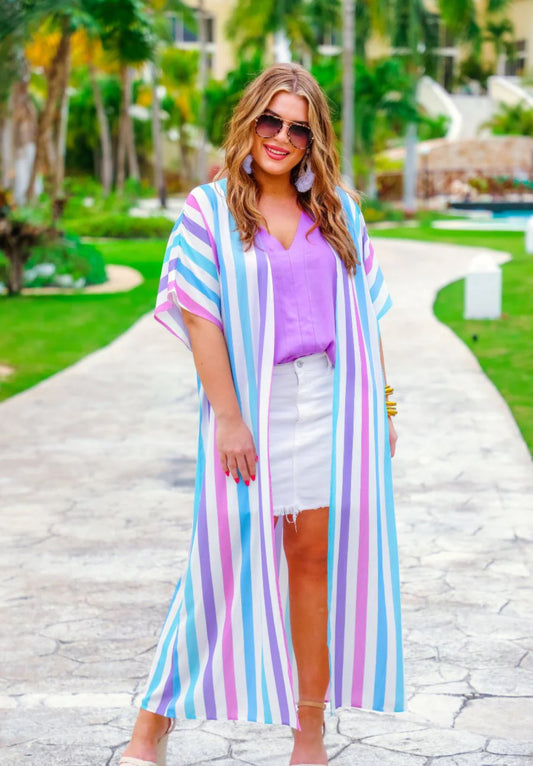 Blue, Pink, & Purple Striped Long Kimono
