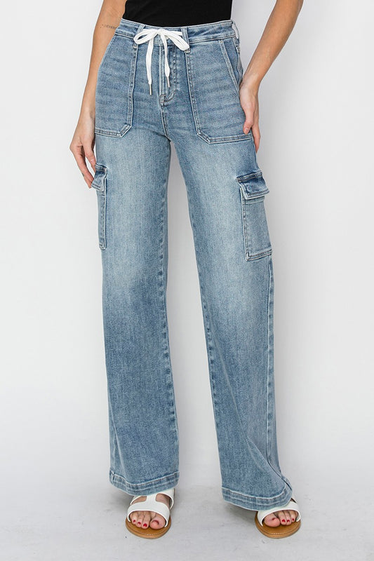 Risen Mid Rise Cargo Style Wide Straight Jeans