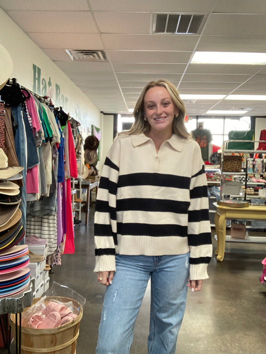 Cream and Black striped Sweater with Buttons and Collar