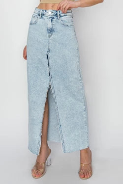 HIGH RISE CROSSOVER MAXI SKIRT in Light Wash