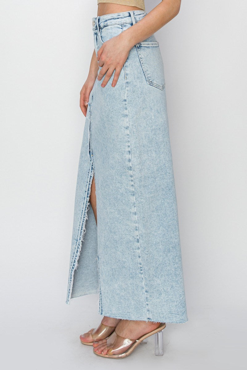 HIGH RISE CROSSOVER MAXI SKIRT in Light Wash