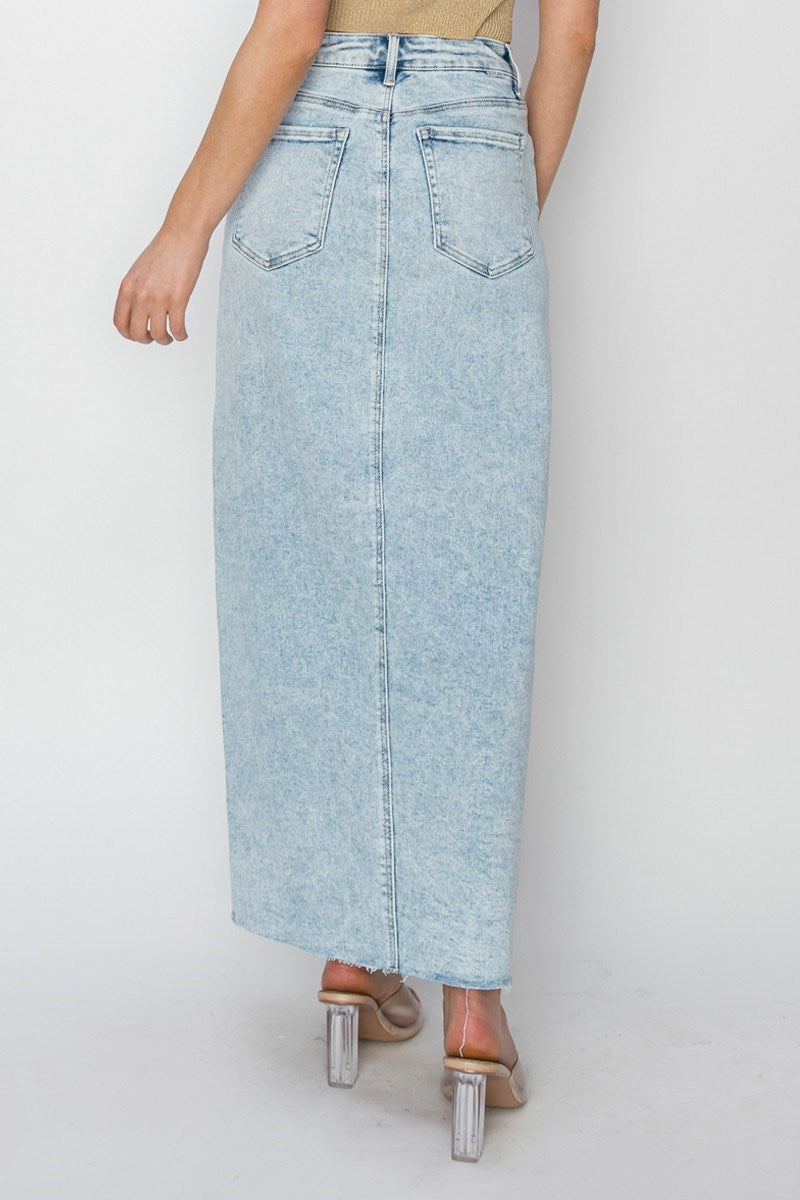 HIGH RISE CROSSOVER MAXI SKIRT in Light Wash