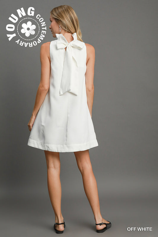 Back Bow Tie Swing Dress in White
