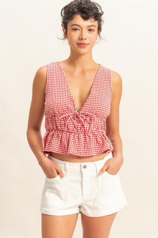Neck Bow Detail Sleeveless Gingham Top