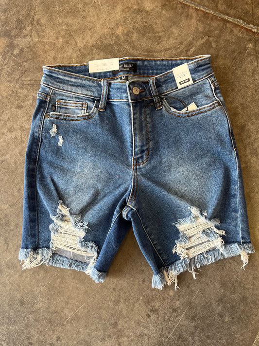 Judy Blue Mid Rise Distressed Jean Shorts￼