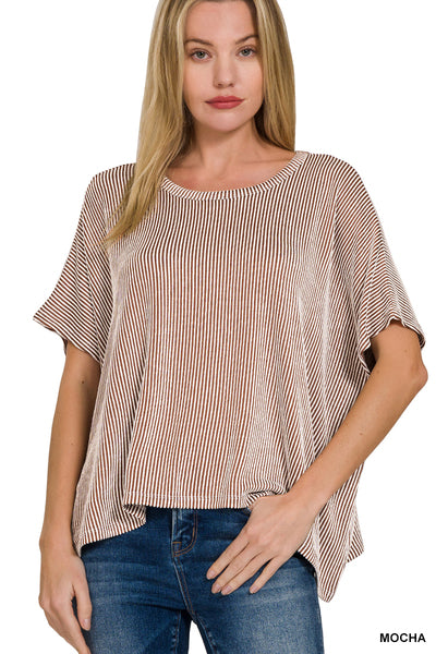 Brown Ribbed Striped Oversized Short Sleeve Top