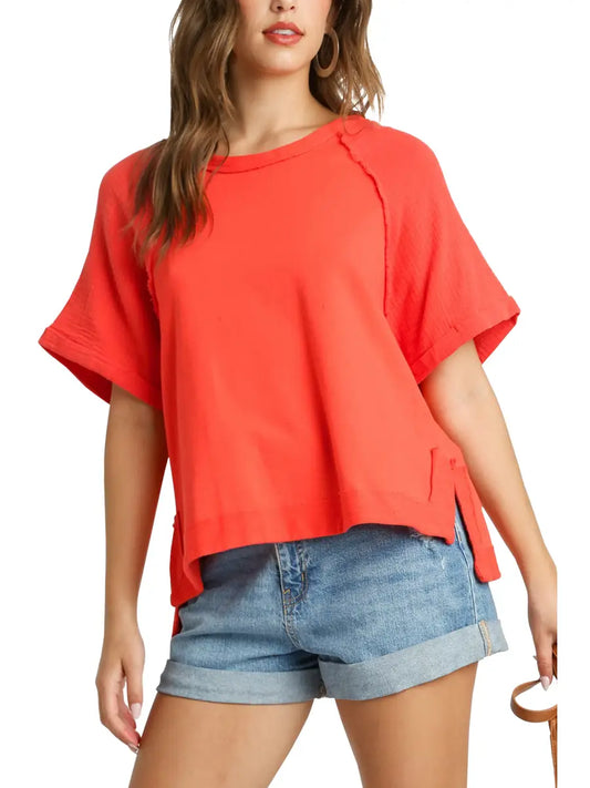 Orange Boxy Cut French Terry & Cotton Gauze Mixed Top with Front Pocket & Unfinished Hem