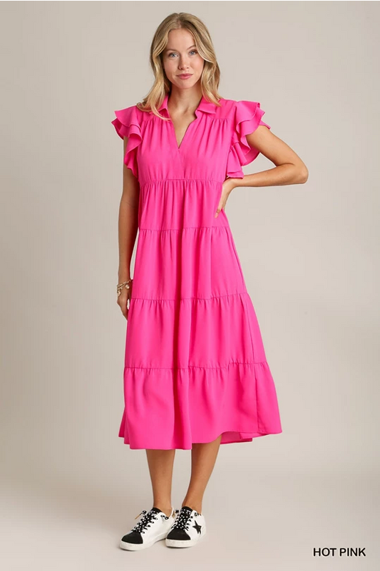 Collared Tiered Midi Dress with Ruffle Layered Short Sleeves in Hot Pink