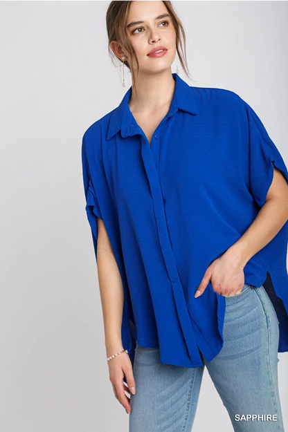 Oversized Button Down Hi-Low Shirt with Covered Placket in Sapphire