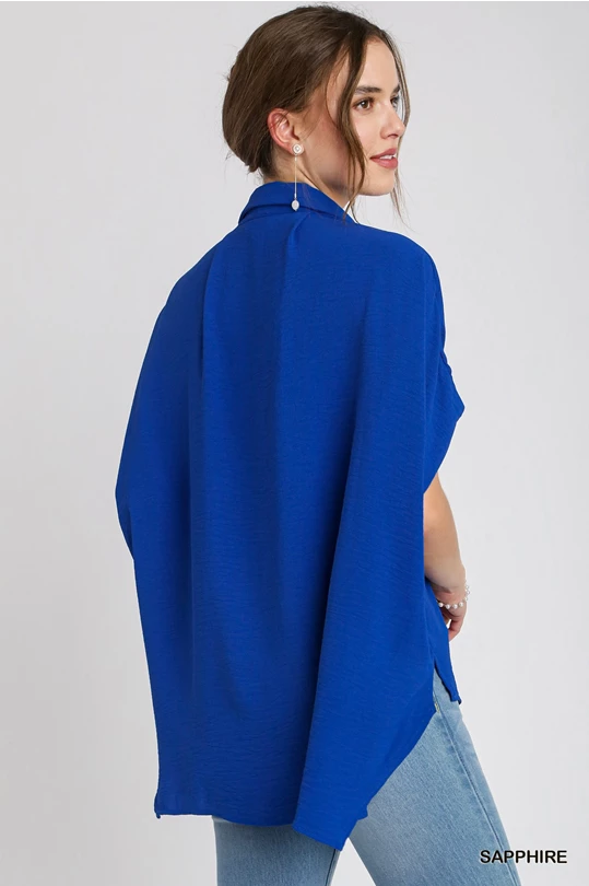 Oversized Button Down Hi-Low Shirt with Covered Placket in Sapphire