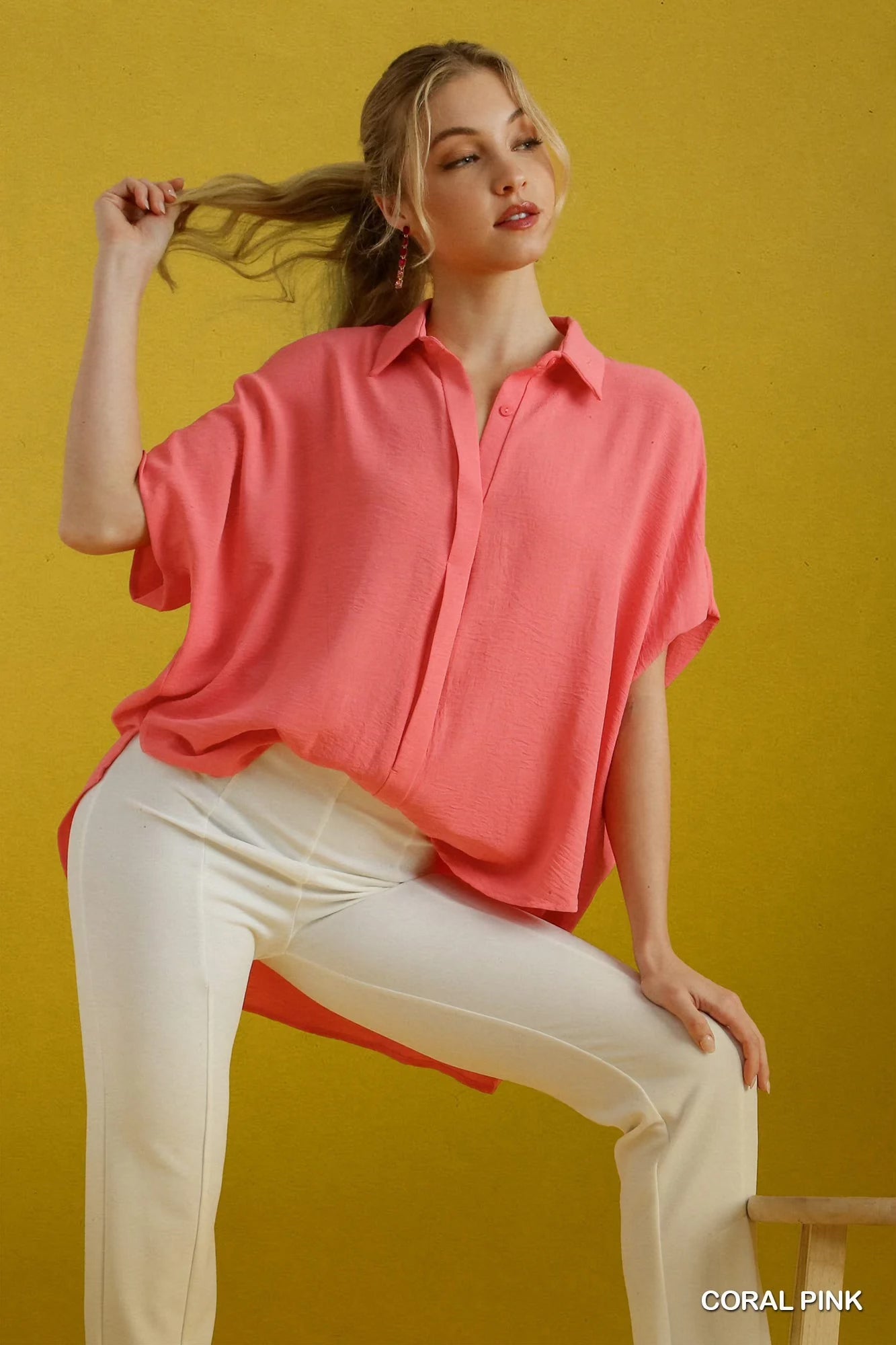 Oversized Button Down Hi-Low Shirt with Covered Placket in Coral Pink