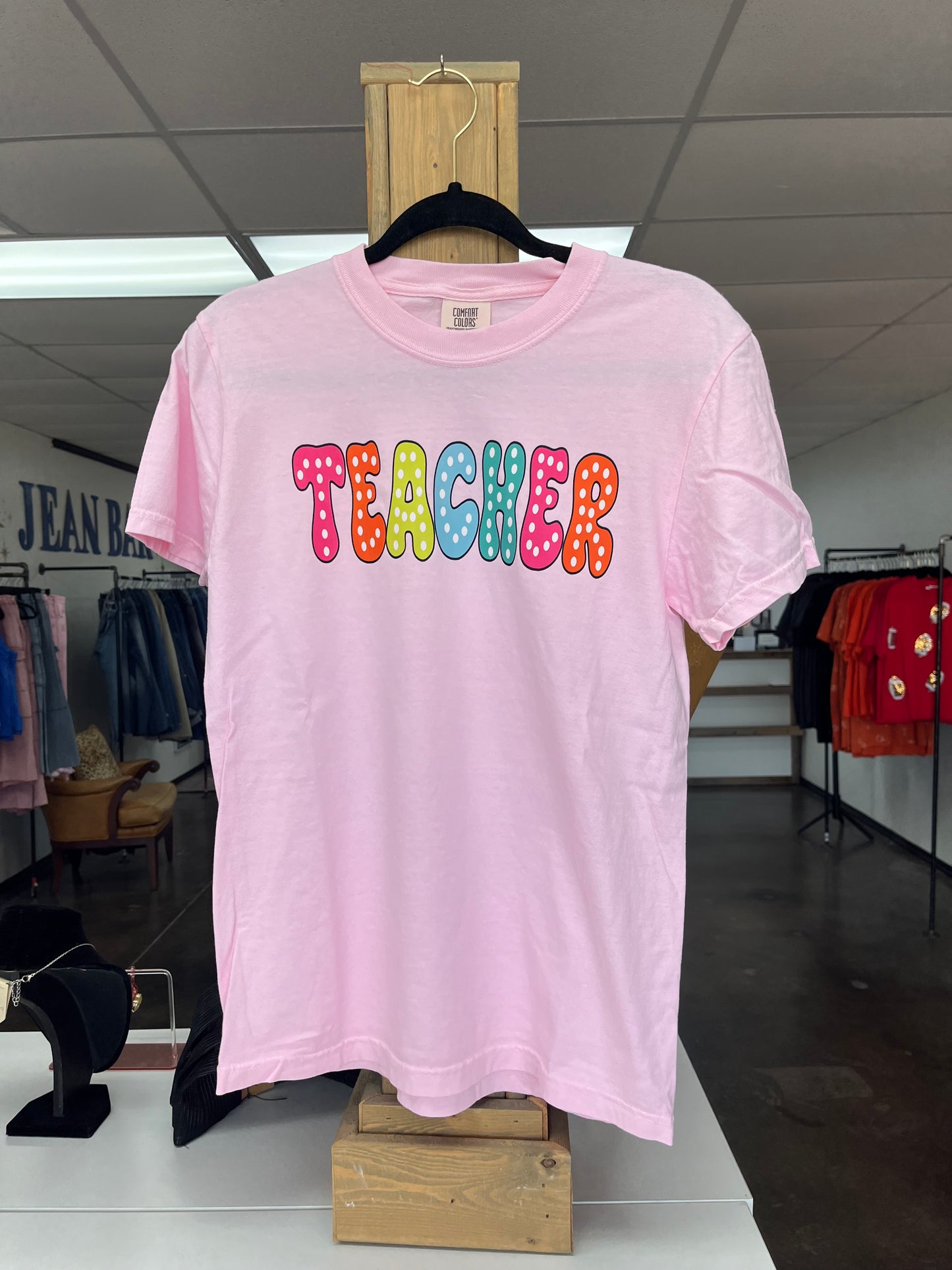 “Teacher” Polka Dot T-Shirt in Pink