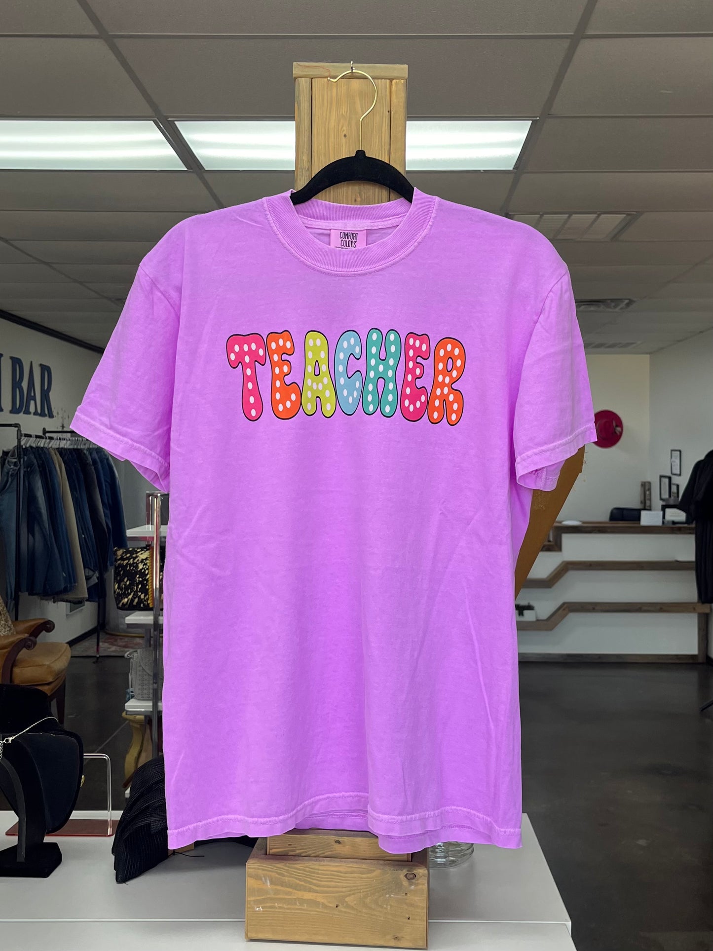 “Teacher” Polka Dot T-Shirt in Purple