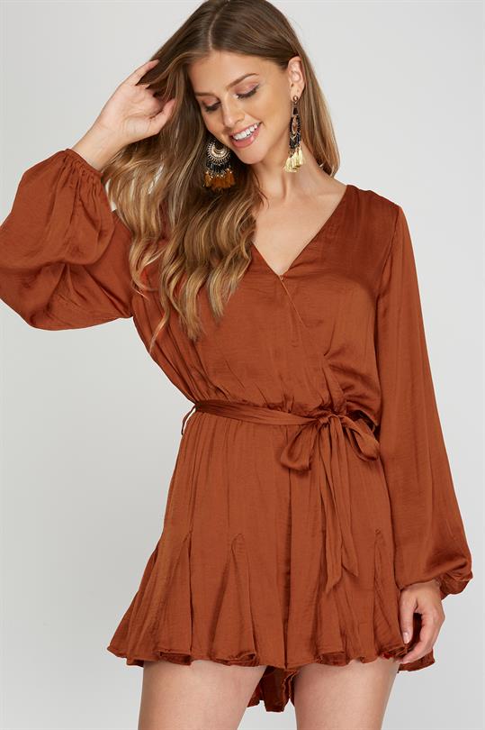 Long Sleeve Satin Romper in Wine