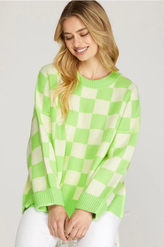 Long sleeve Checkered Sweater in Lime Green