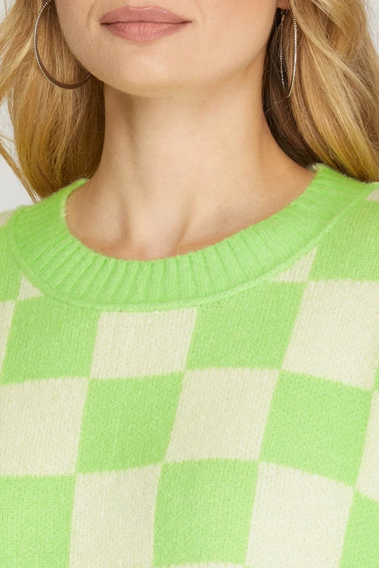 Long sleeve Checkered Sweater in Lime Green