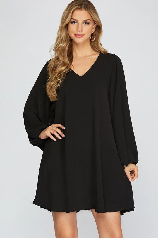 Long Sleeve V Neck Dress in Black