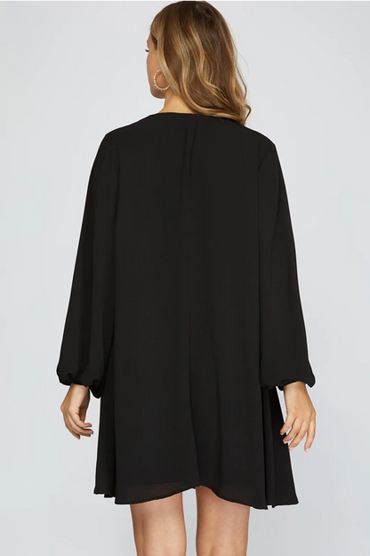 Long Sleeve V Neck Dress in Black