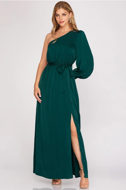 Long Cuff Sleeve One-Shoulder Maxi Dress in Sea Green