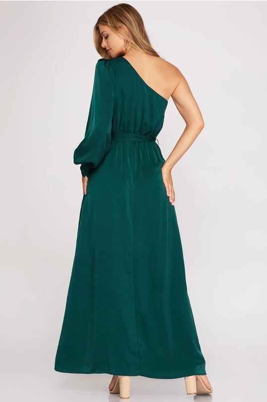 Long Cuff Sleeve One-Shoulder Maxi Dress in Sea Green