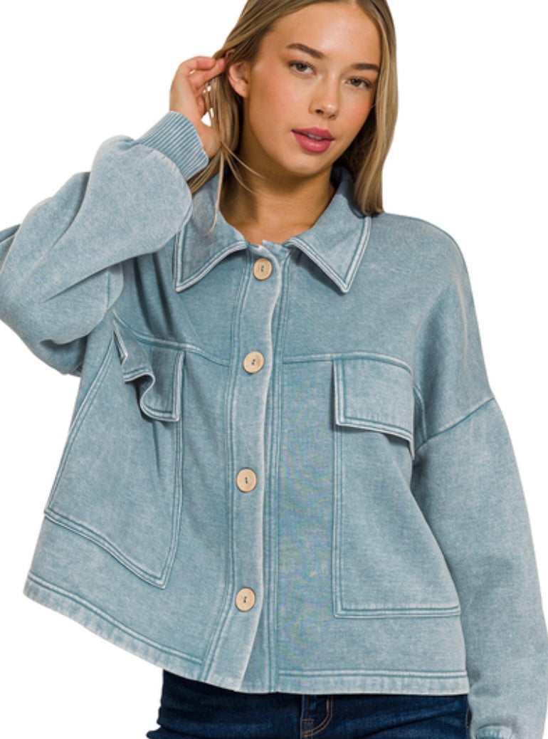 Grey-Blue Acid Wash Cropped Shacket