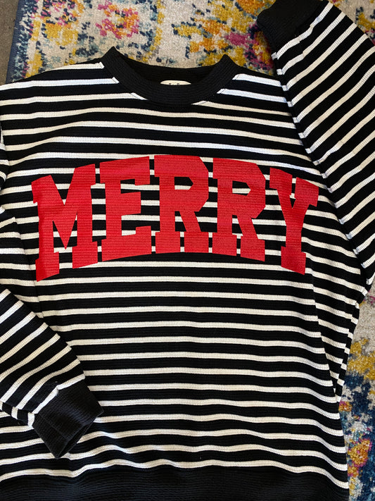 Black “MERRY” Sweater with white stripes