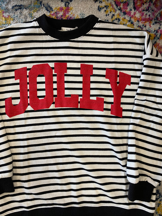 White “JOLLY” with black stripes sweater