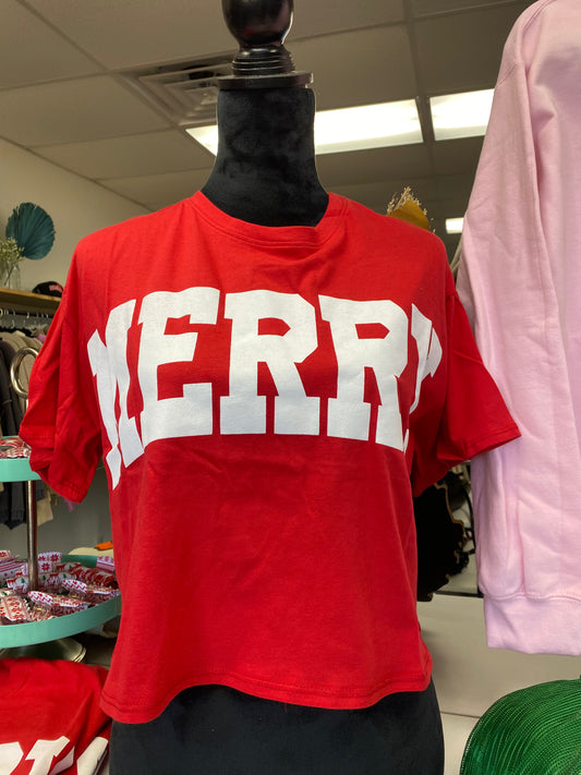 Red “MERRY” Cropped Tee