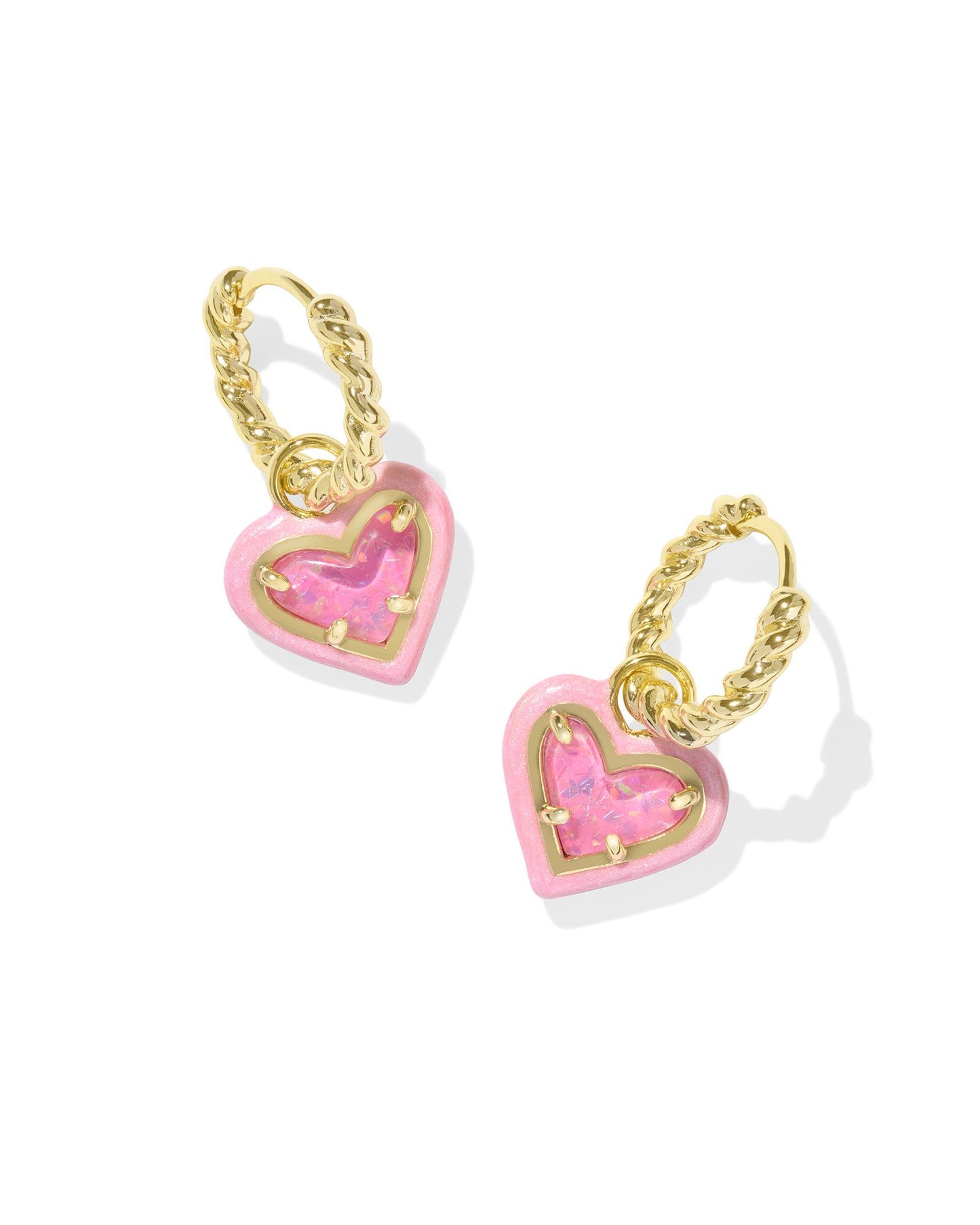 ARI HEART ENAMEL FRAME HUGGIE EARRINGS GOLD PINK IRIDESCENT GLITTER GLASS