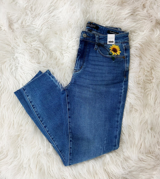 Relaxed Sunflower Embroidery Jeans